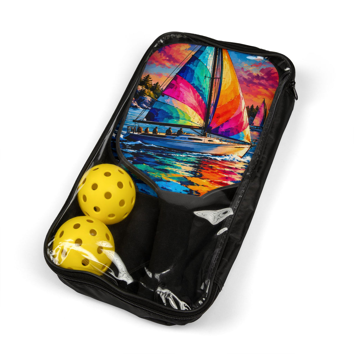 Pickleball Paddle Set — Colorful Sailboat Sunset Design Kit (2 Paddles + Balls)