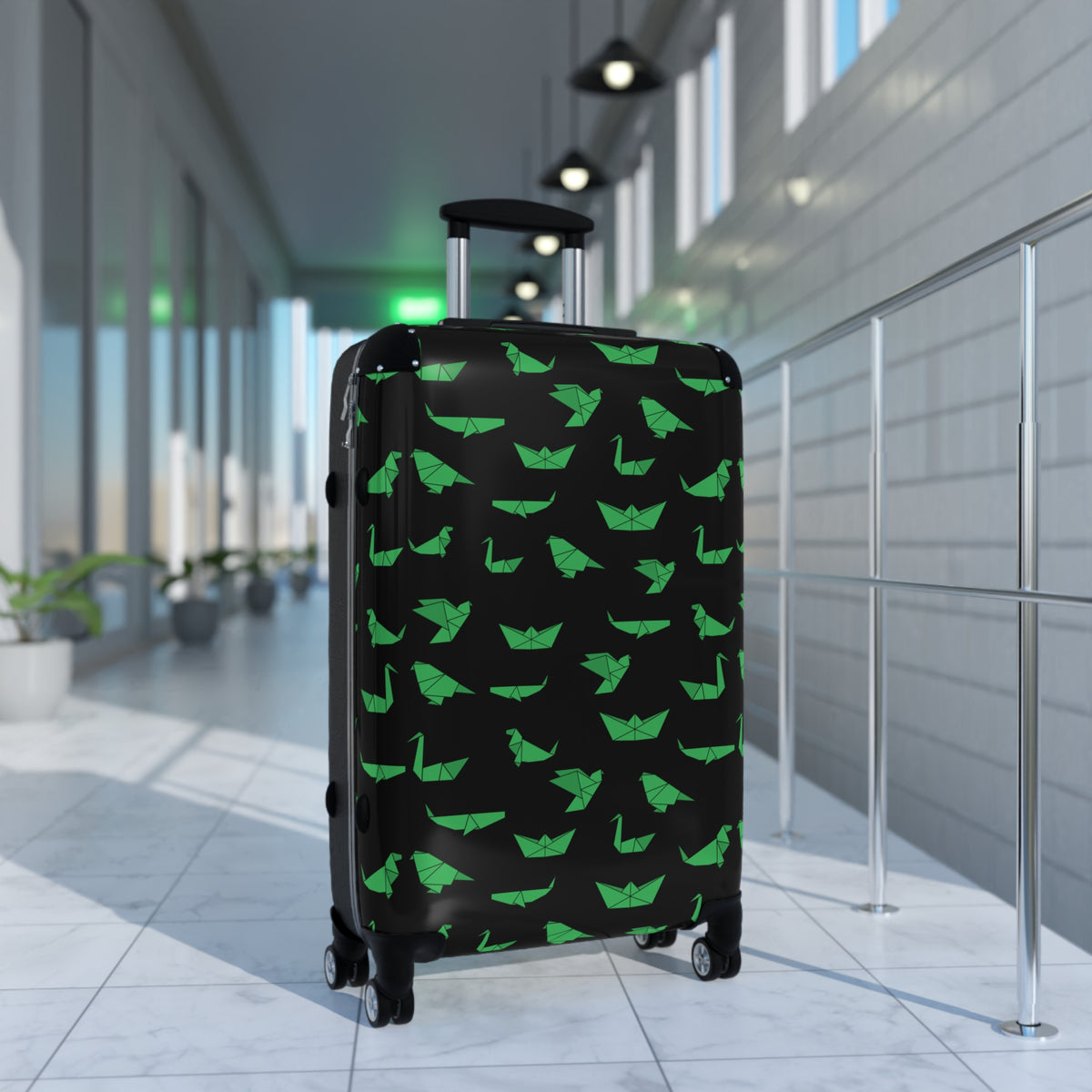 Green Paper Boat Pattern Suitcase — Lightweight Travel Luggage with Origami Boats