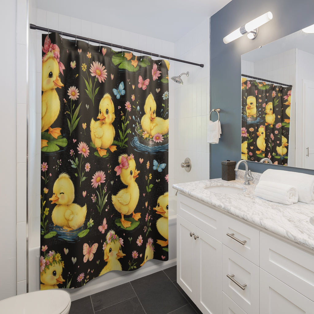 Duckling Shower Curtain – Cute Yellow Chicks Floral Bath Decor