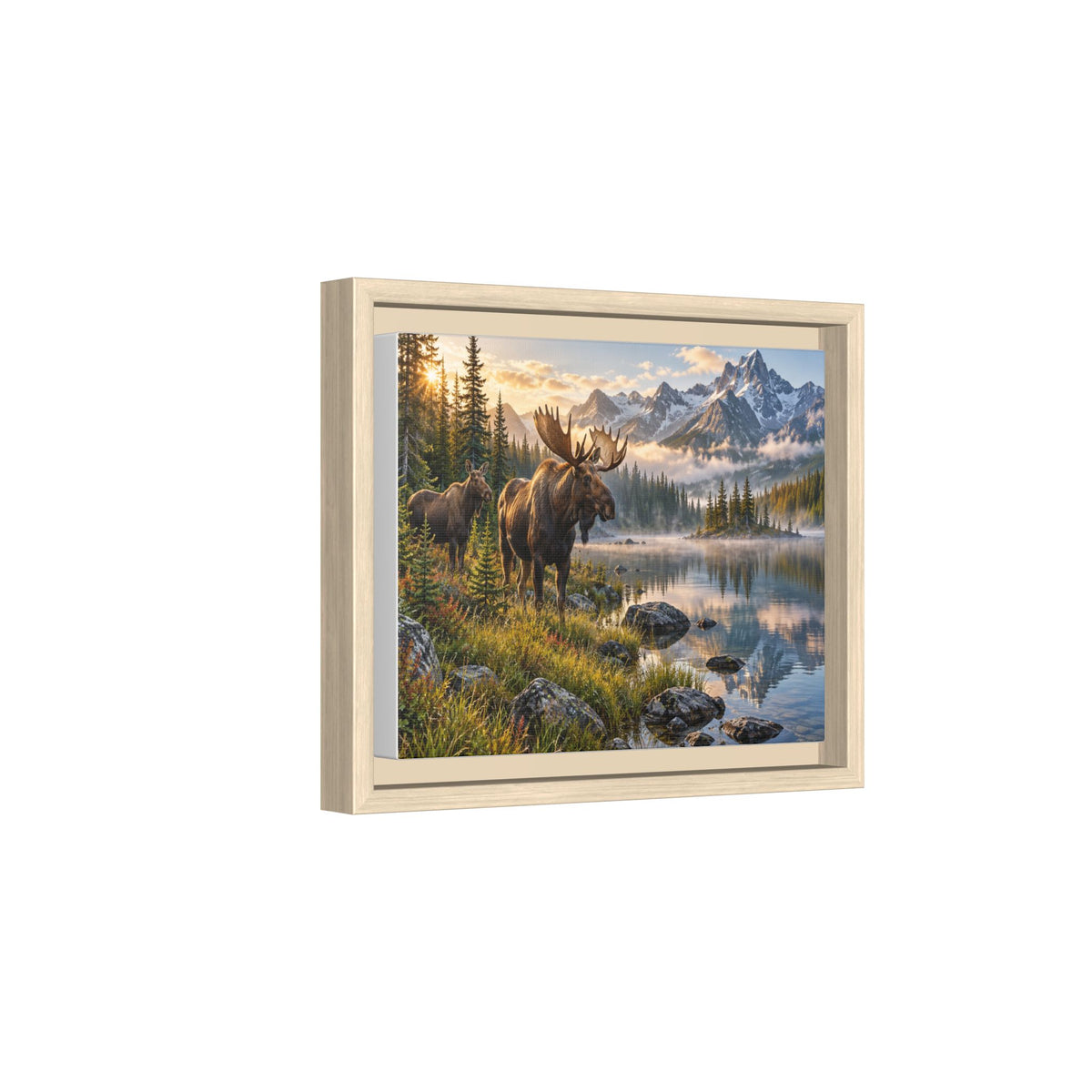 Framed Moose Canvas Wall Art — Mountain Lake Nature Print