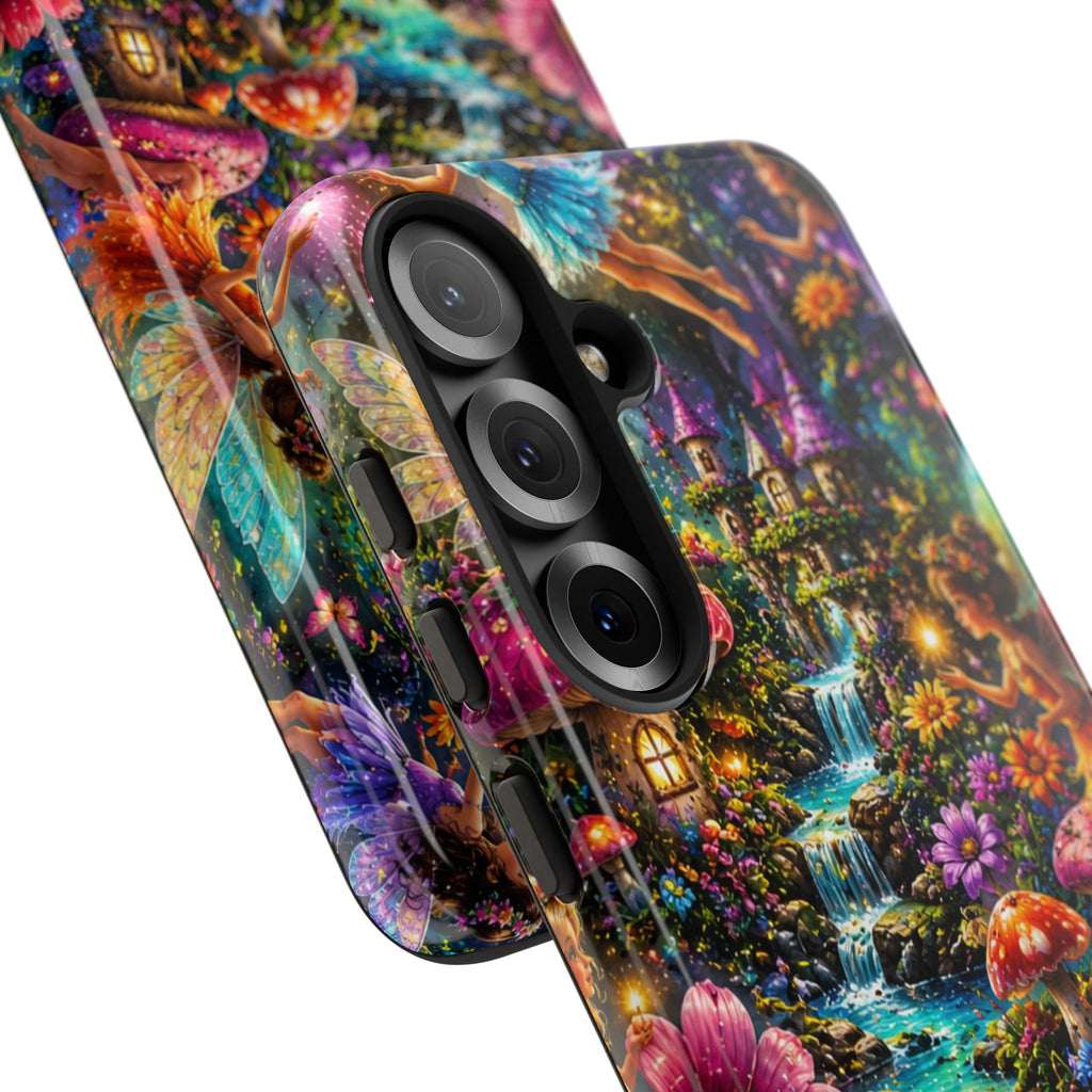 Fairy Garden Tough Phone Case — Whimsical Cottage, Waterfall & Mushroom Artwork