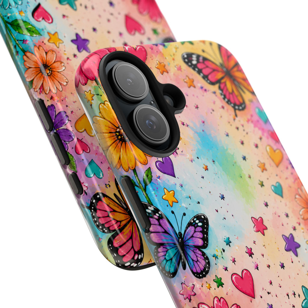 Colorful Butterflies and Flowers Tough Phone Case | Rainbow Hearts Stars