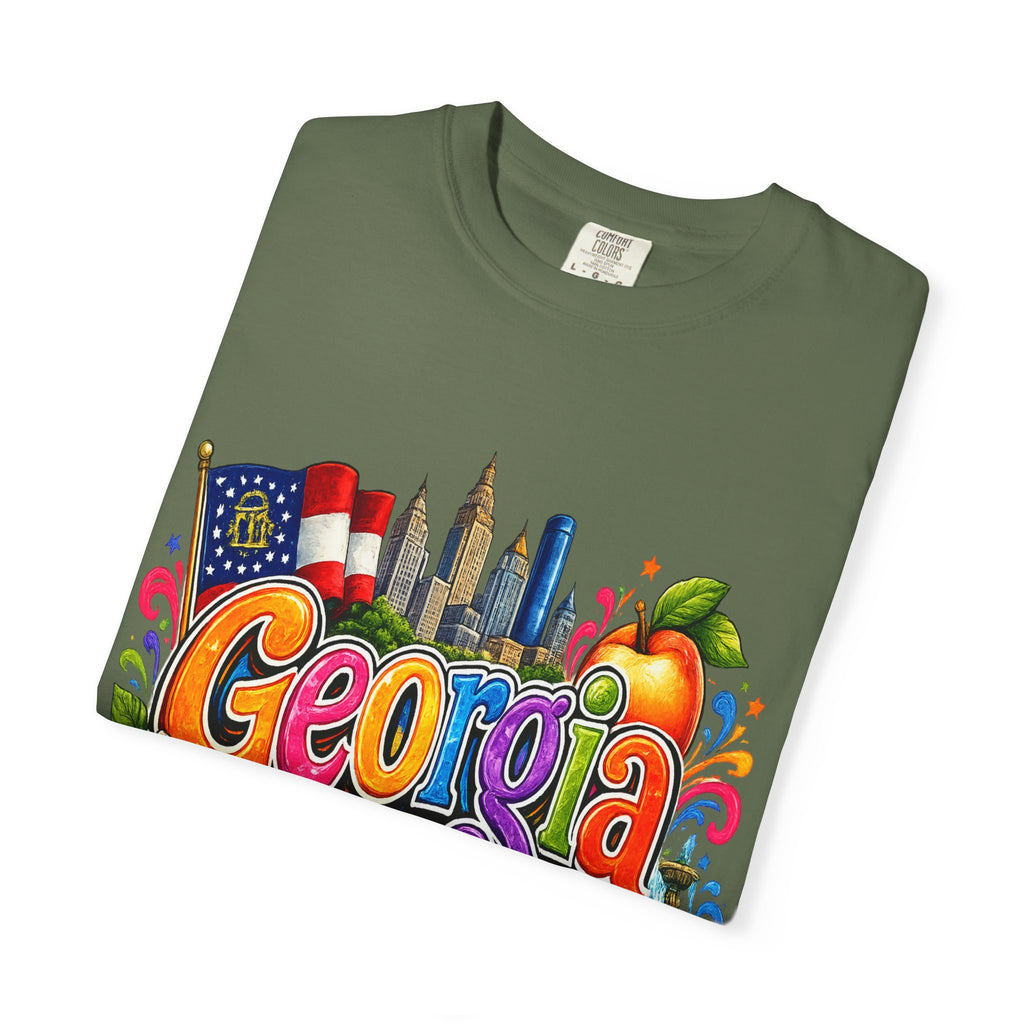 Georgia state illustration T-shirt | Atlanta skyline, peach, magnolia