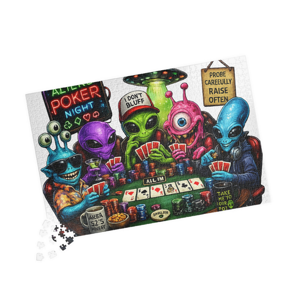 Aliens Poker Night Puzzle | Card Game Alien Illustration Jigsaw