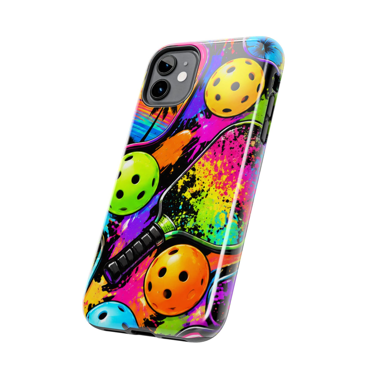 Pickleball Splash Tough Phone Case — Neon Paddle & Ball Protective Cover