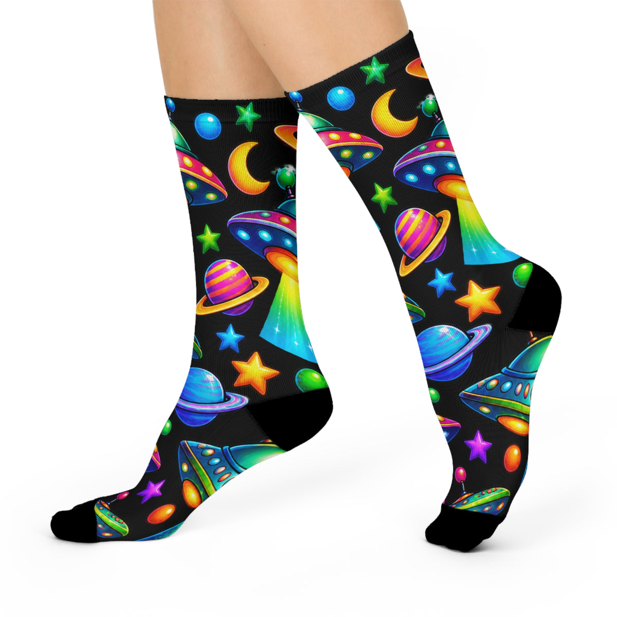 Alien UFO Crew Socks — Neon Space Pattern Cushioned Socks