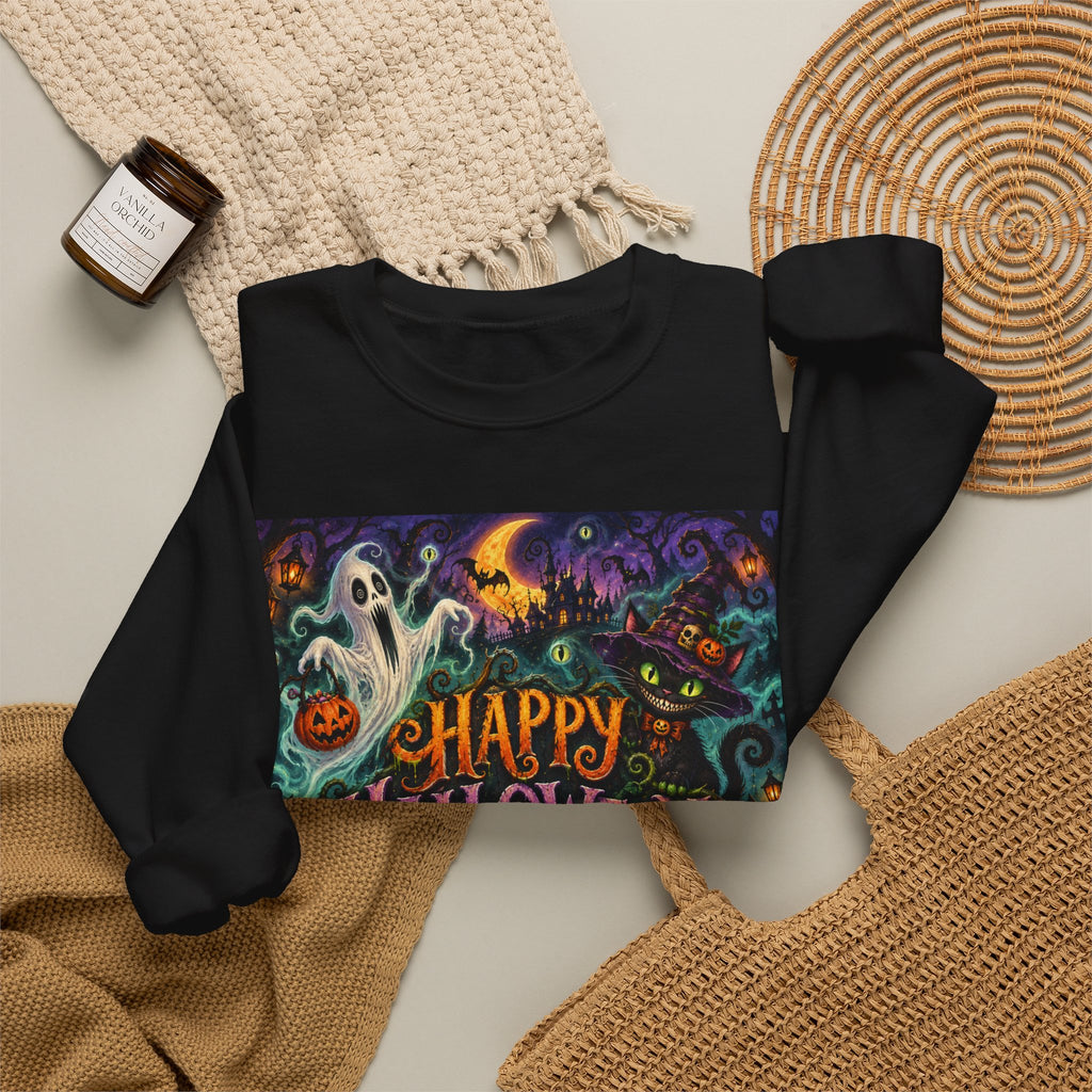 Happy Halloween Crewneck Sweatshirt — Spooky Pumpkin & Ghosts Halloween Sweater