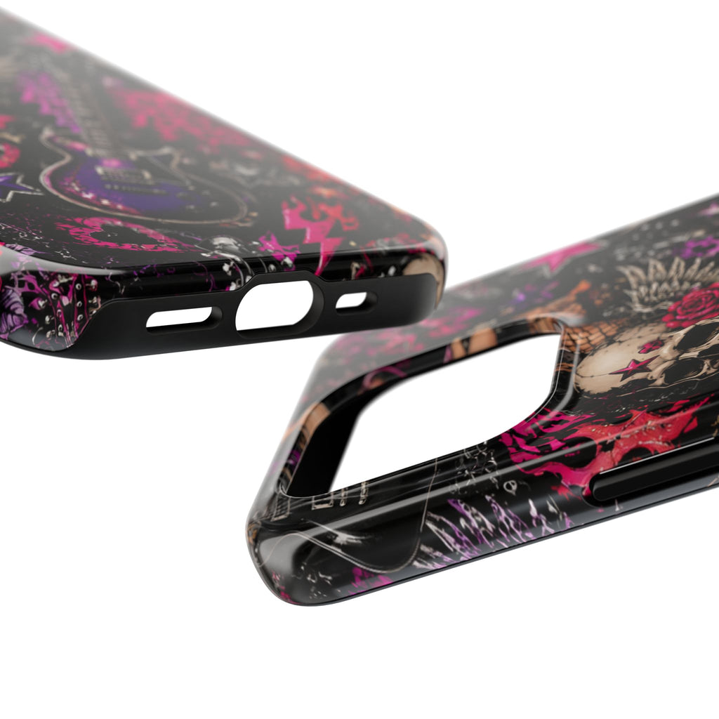 Rock Skull Guitar Phone Case — Edgy Pink Skull & Roses Tough Phone Case