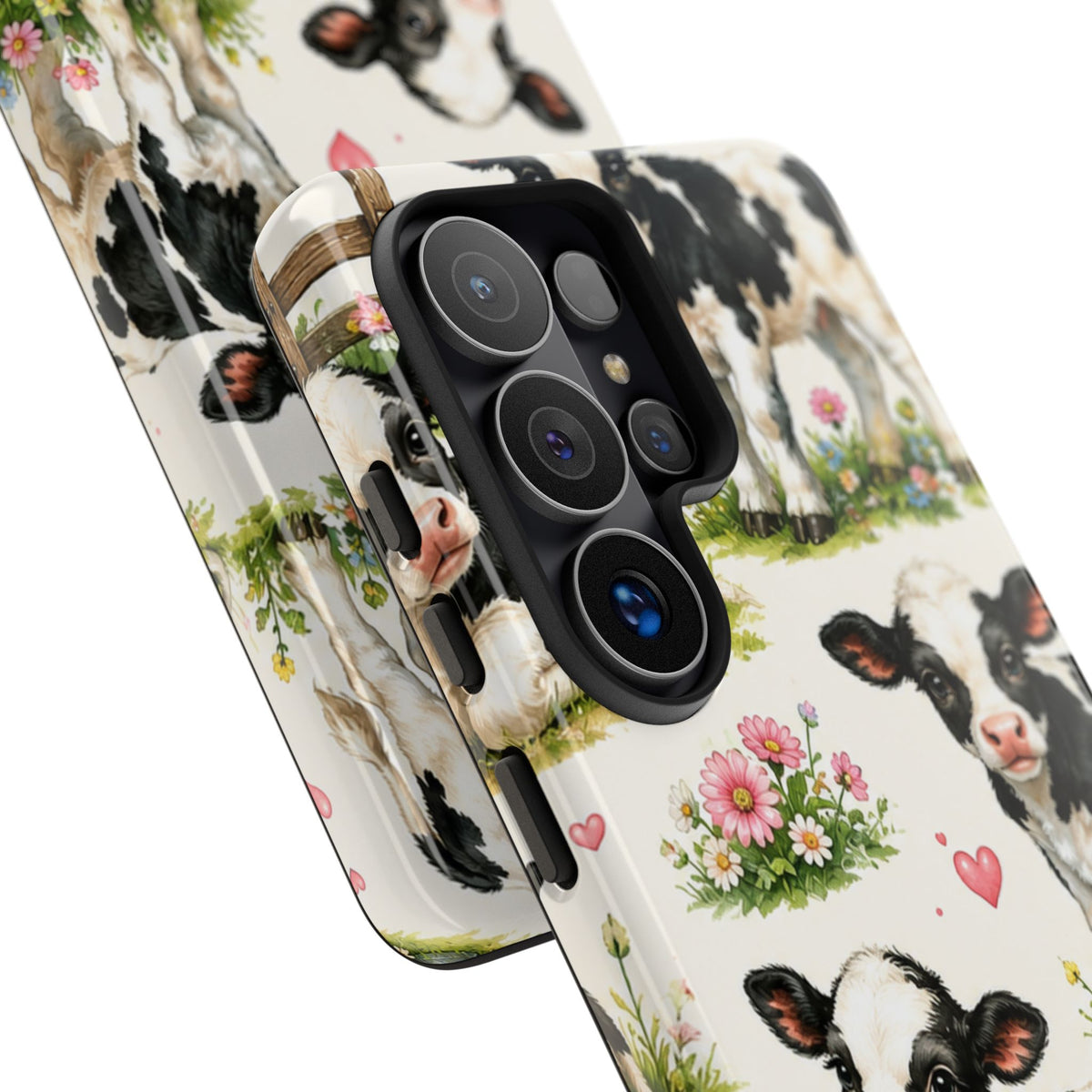 Cute Calf Pattern Phone Case – Pastel Cow Hearts & Flowers Protective Cover