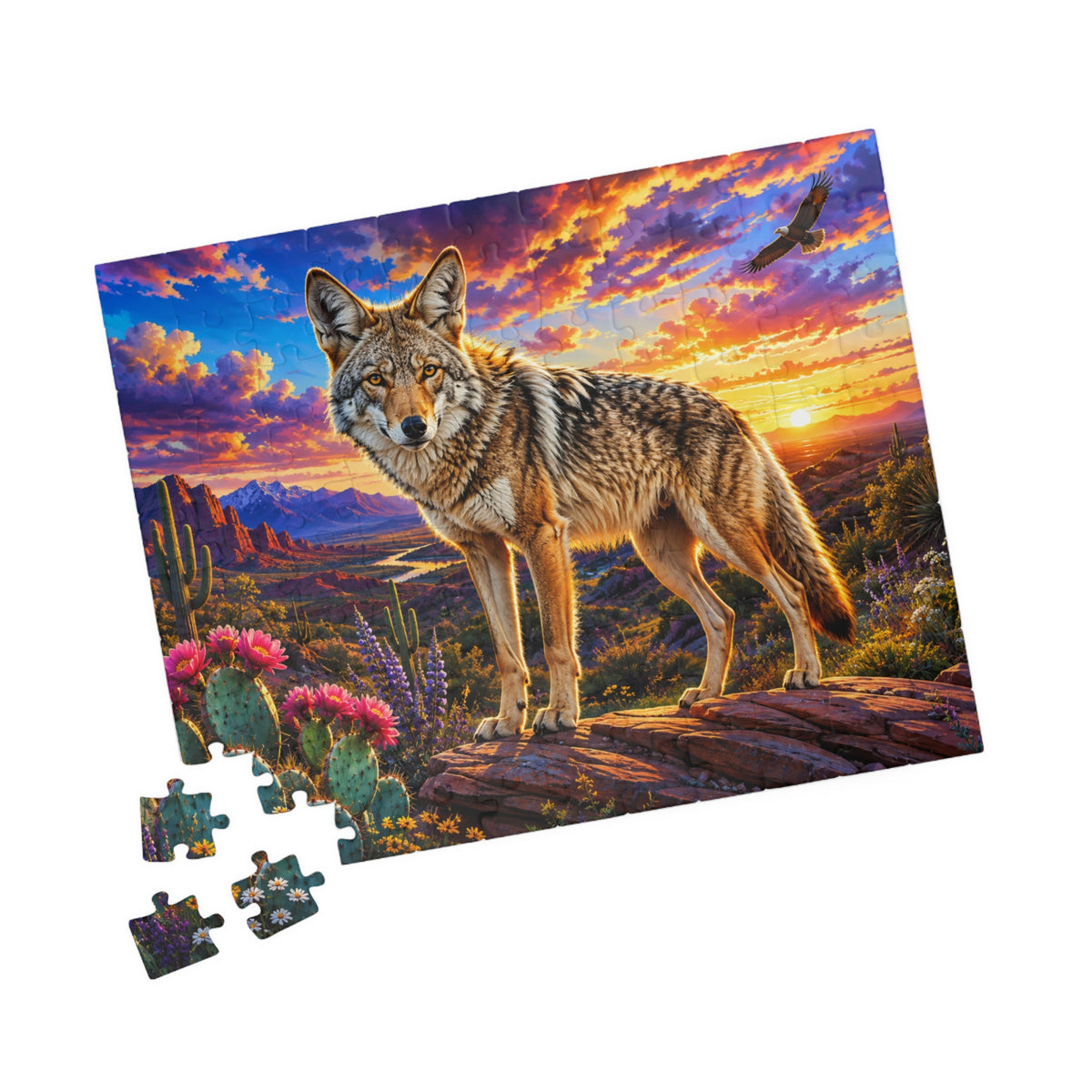Coyote Sunset Landscape Puzzle — Desert Wildlife Jigsaw (110/252/520/1014 pcs)