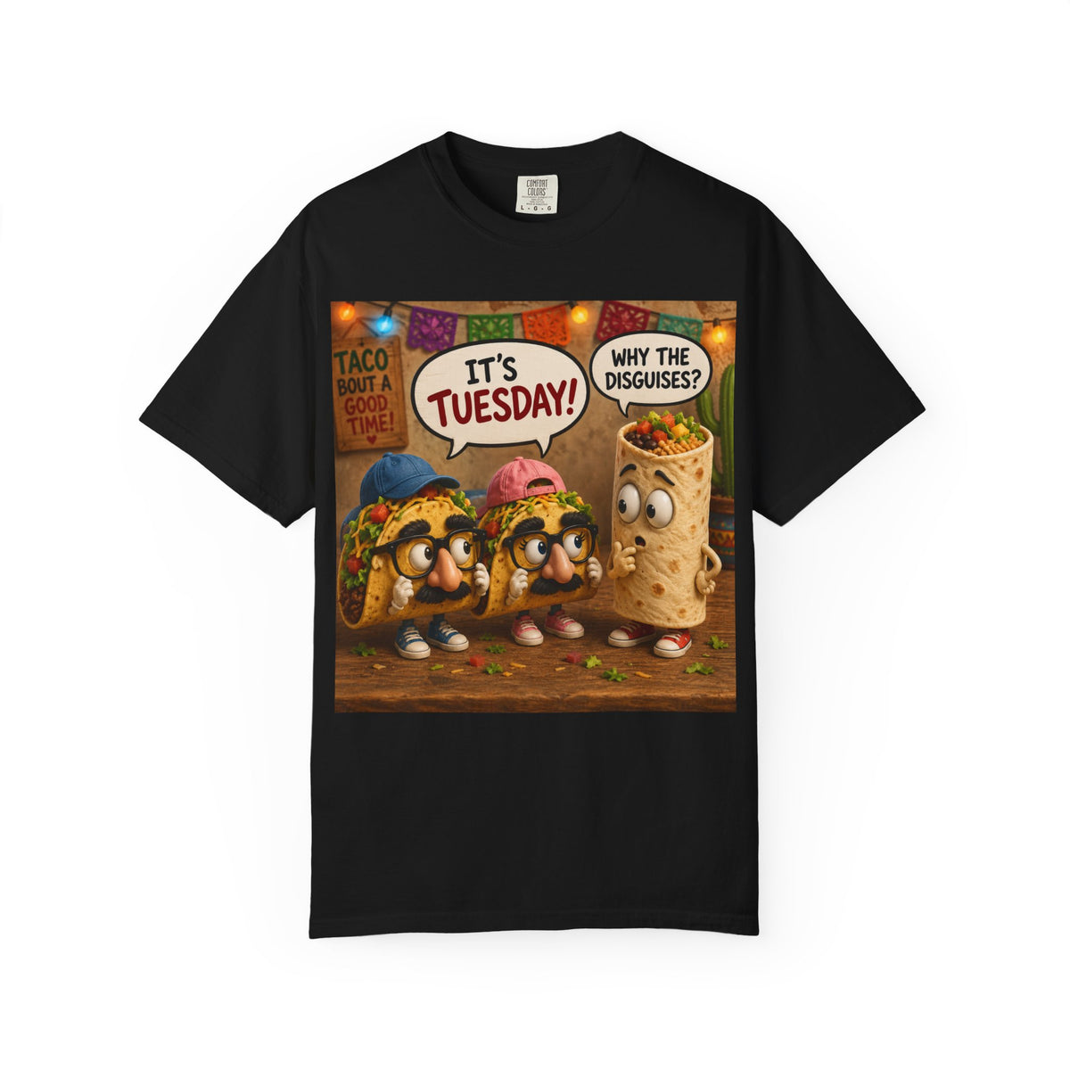 Taco Tuesday Comic T-Shirt — 'It's Tuesday!' Burrito & Taco Cartoon Tee