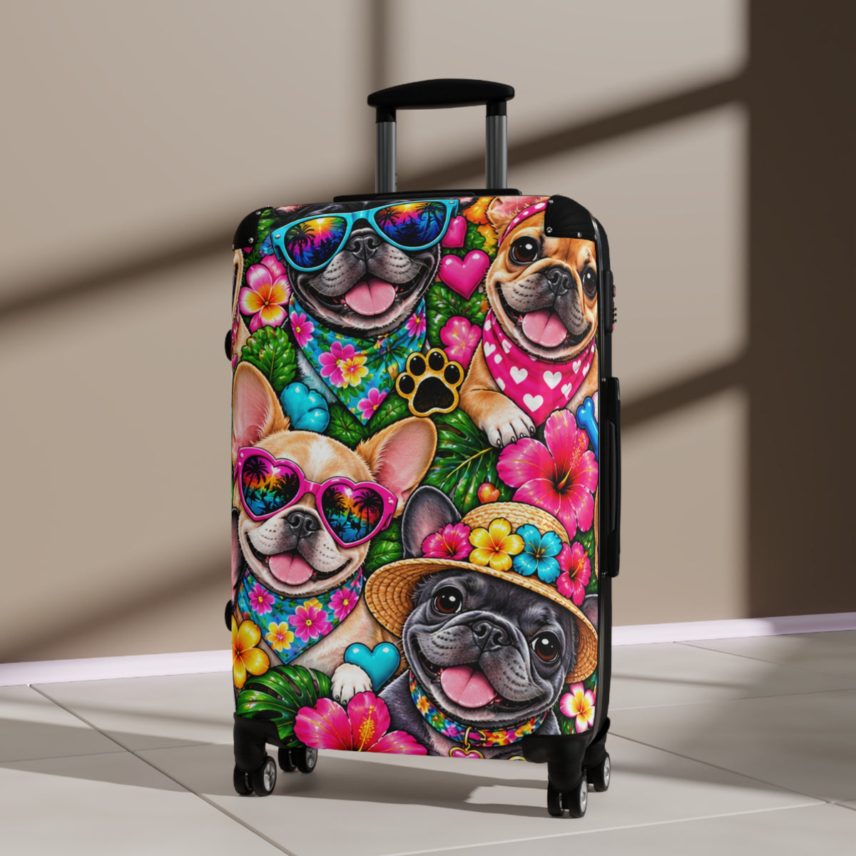Colorful French Bulldog Suitcase – Cute Puppy Hearts & Sunglasses Carry-On