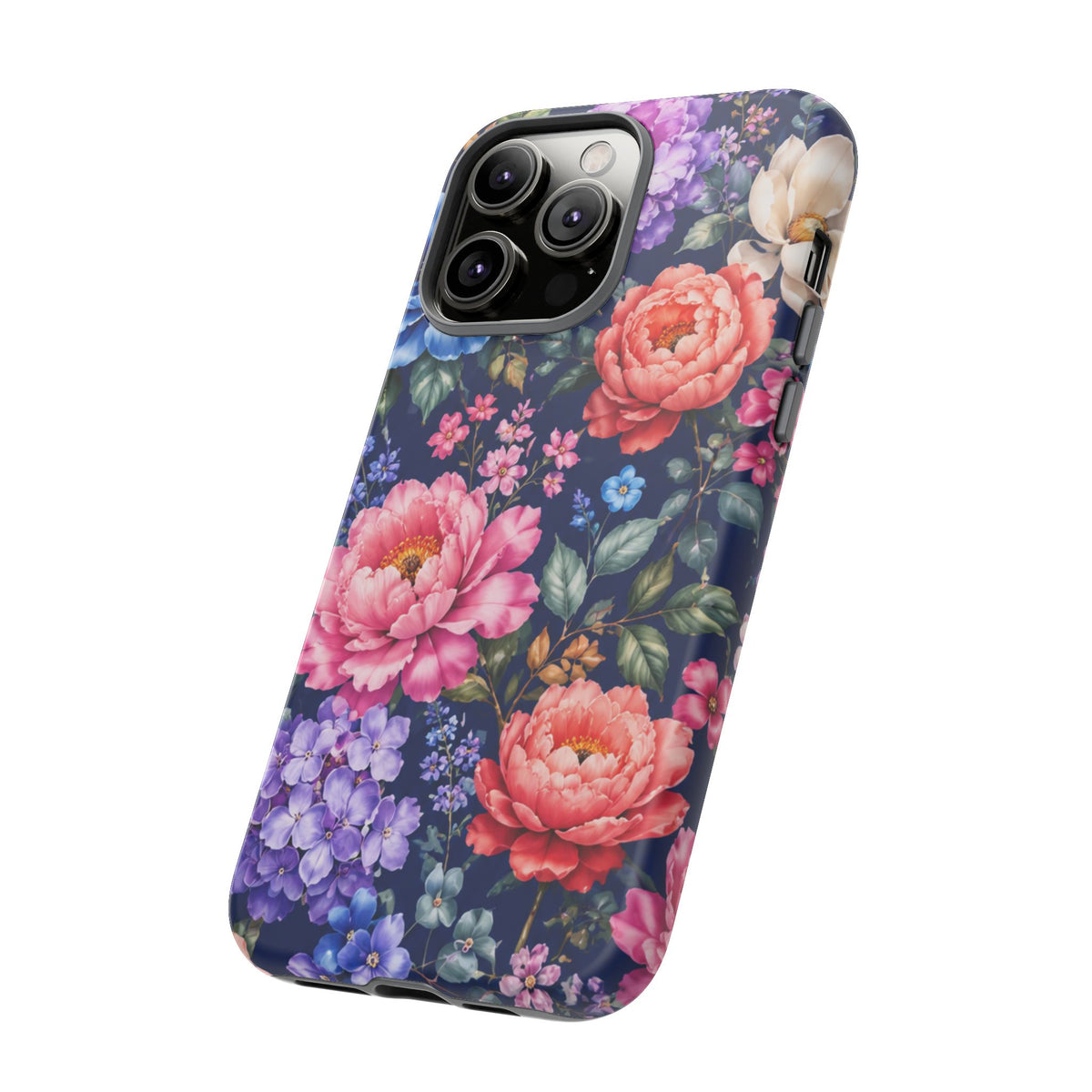 Floral Tough Phone Case – Vibrant Garden Flowers on Navy