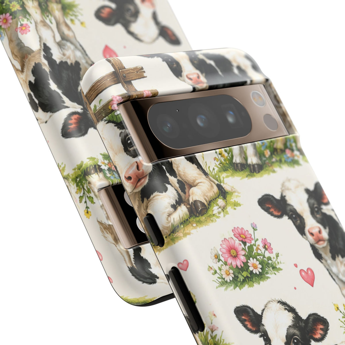 Cute Calf Pattern Phone Case – Pastel Cow Hearts & Flowers Protective Cover