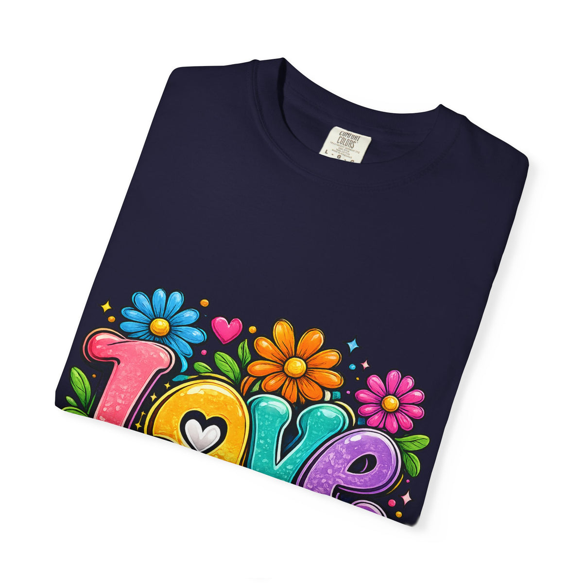 Retro Floral "Love" Design T-shirt | Colorful 70s Heart Typography