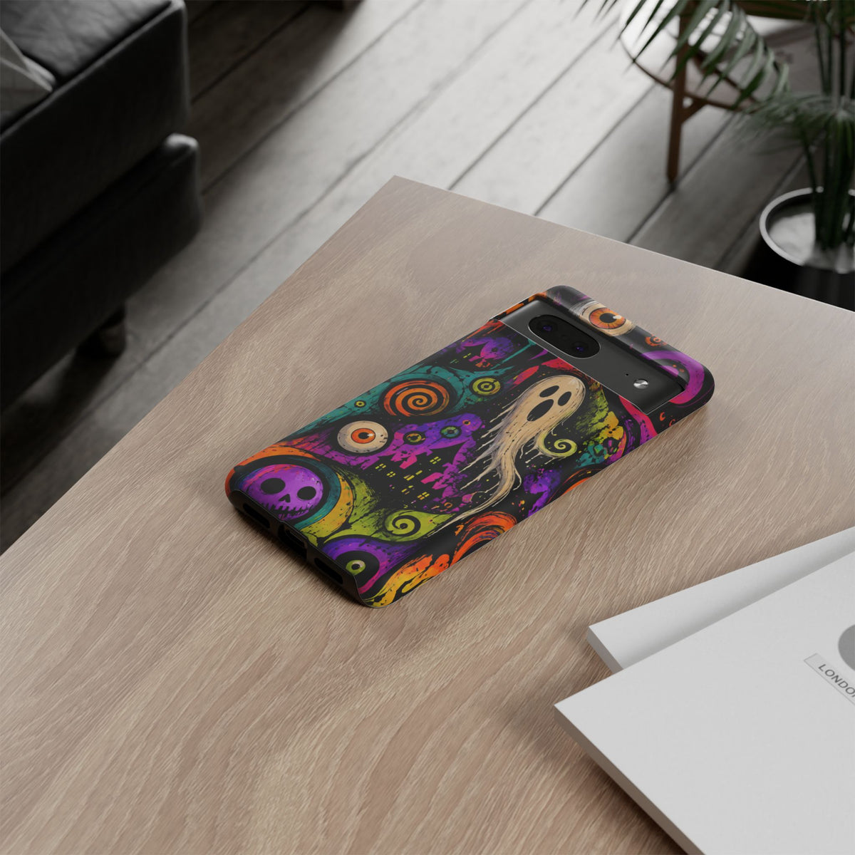 Halloween Ghost Phone Case — Colorful Spooky Skull & Haunted House Tough Case