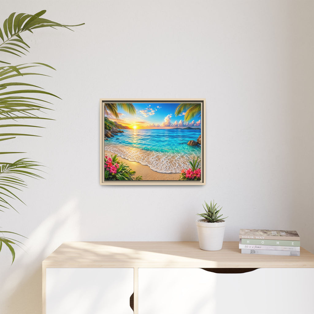 Framed Beach Sunset Matte Canvas Wall Art — Tropical Ocean Sunrise Decor