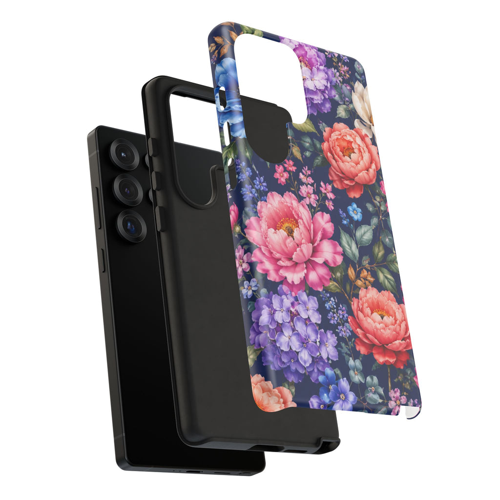 Floral Tough Phone Case – Vibrant Garden Flowers on Navy