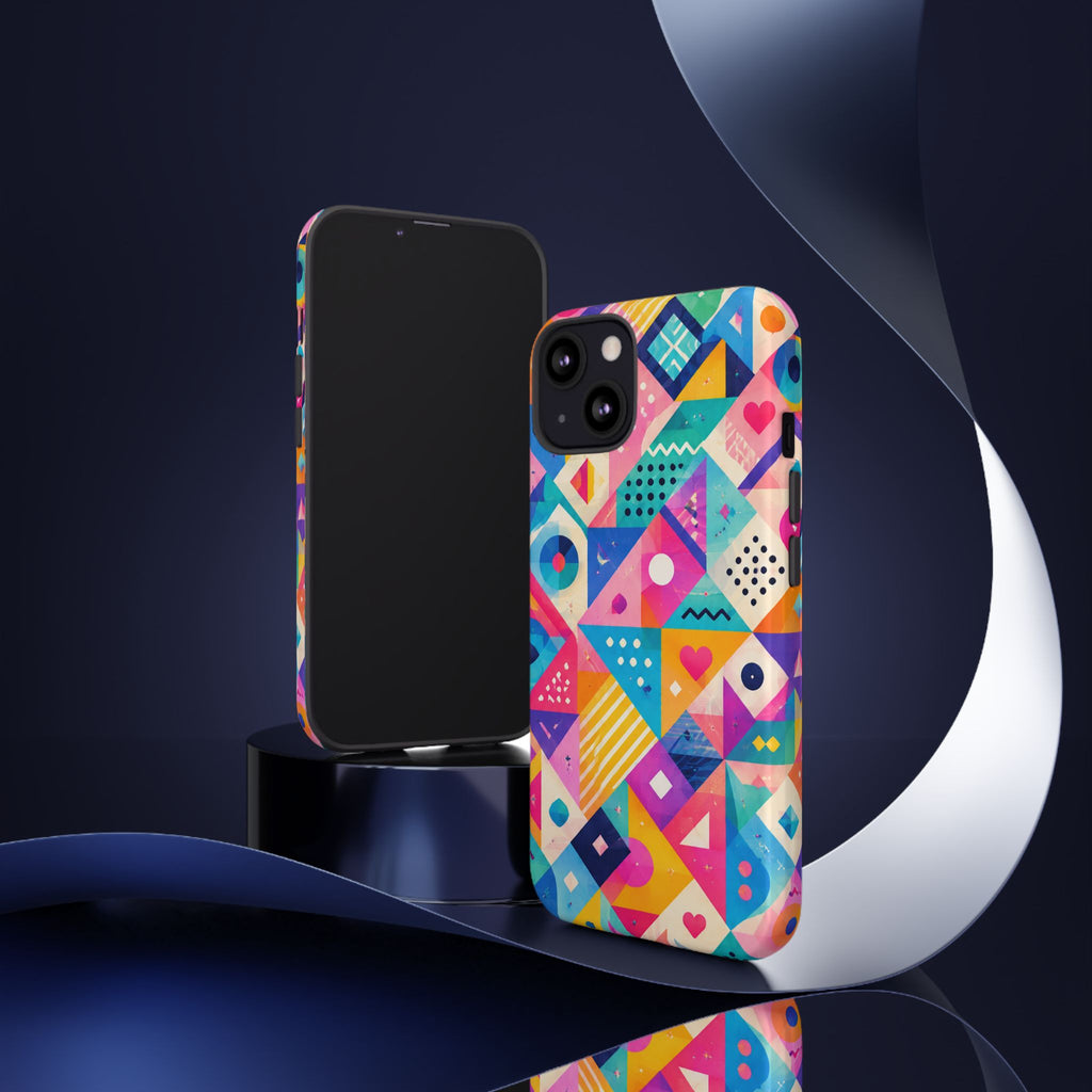 Colorful Geometric Tough Phone Case — Bright Abstract Heart & Triangle Pattern