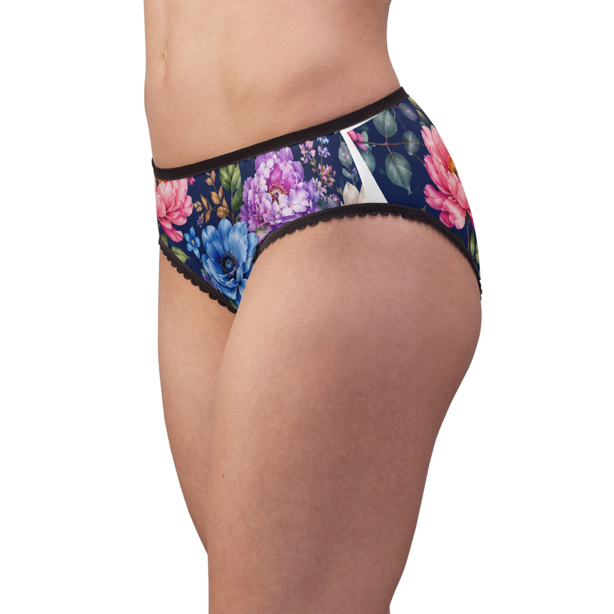 Floral Lace-Trim Women's Briefs — Navy Peony All-Over Print