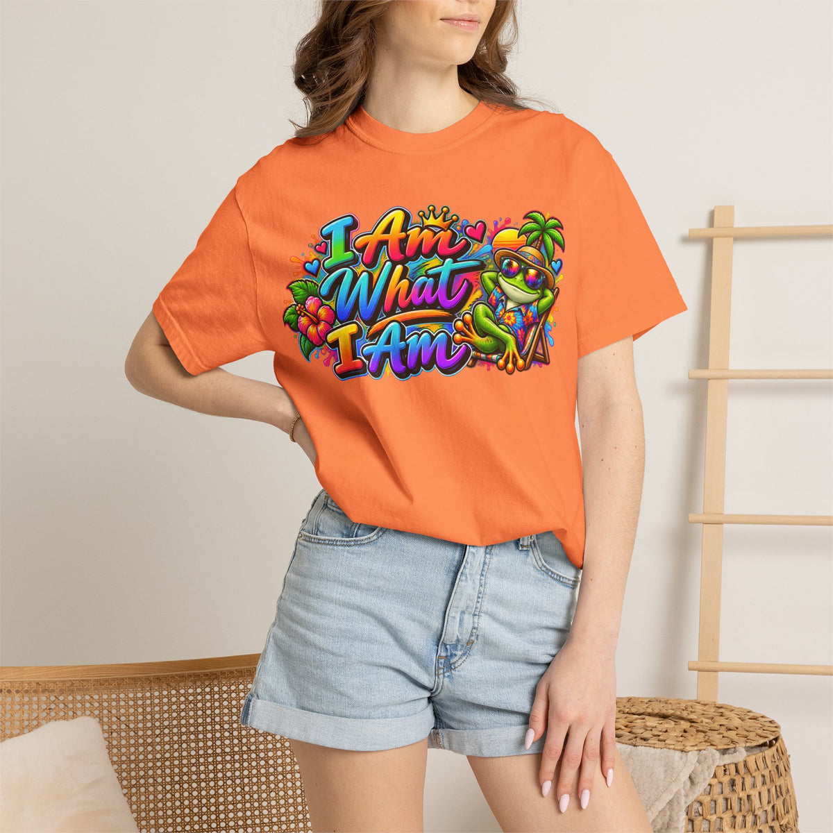T-Shirt — "I Am What I Am" Colorful Tropical Frog Graphic Tee