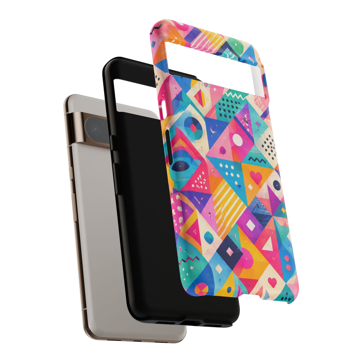 Colorful Geometric Tough Phone Case — Bright Abstract Heart & Triangle Pattern