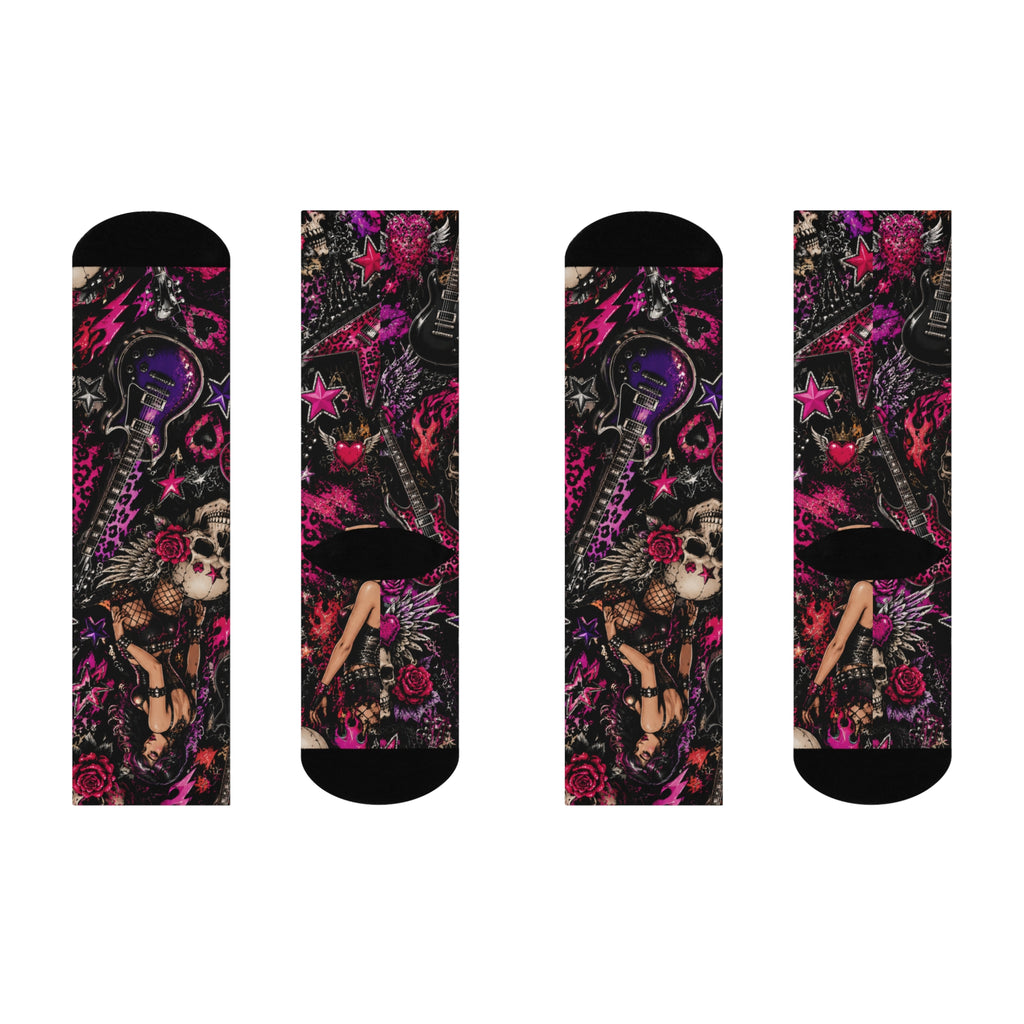 Gothic Pinup Skull Crew Socks — Cushioned Rockabilly Rose Knee-Highs