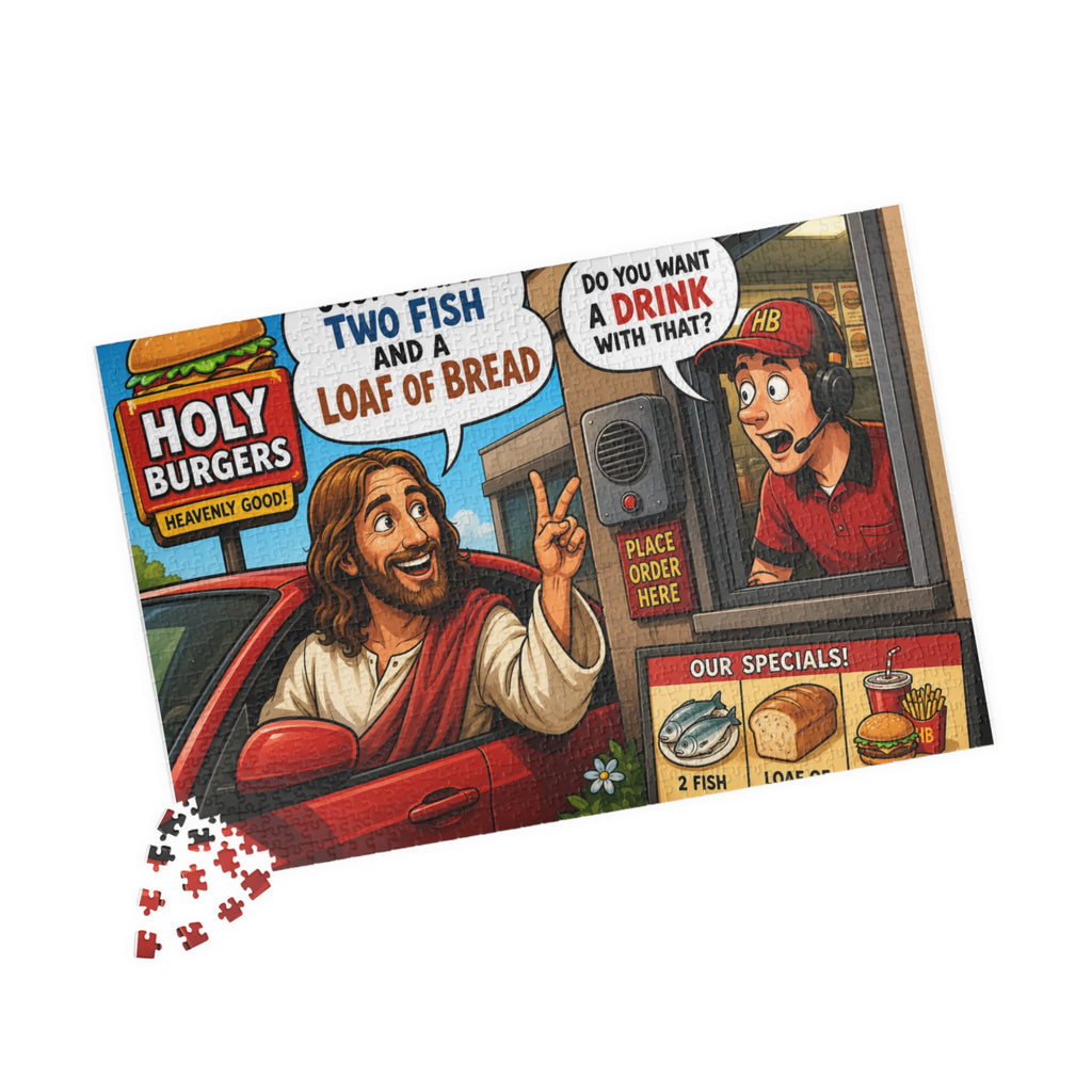 Jesus Drive-Thru Puzzle 520 Piece | Holy Burgers Illustration