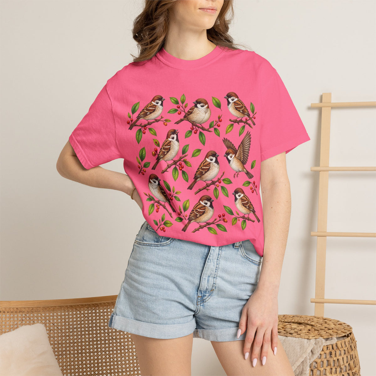 Sparrow Branches T-Shirt — Vintage Bird Illustration Tee for Bird Lovers & Nature Fans
