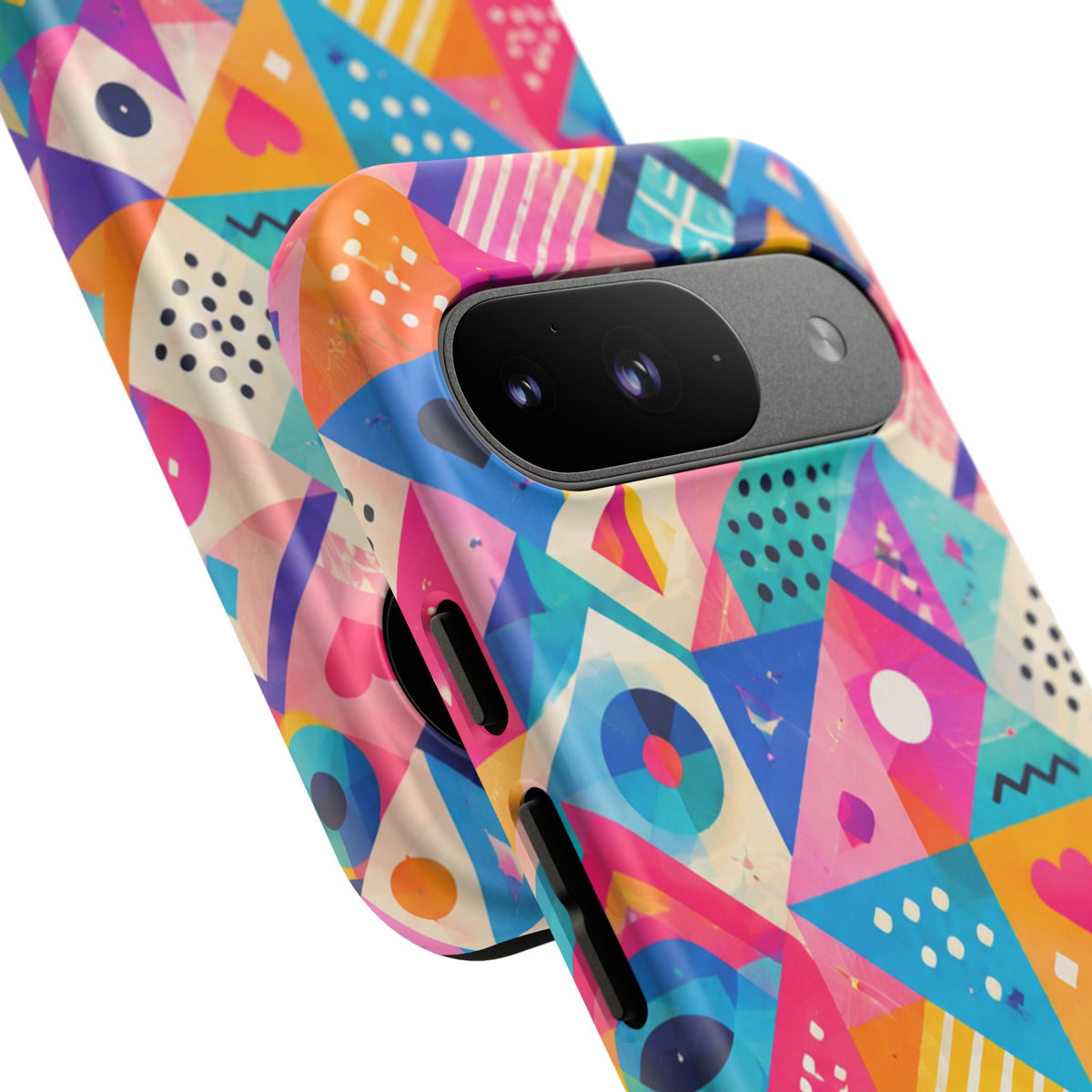 Colorful Geometric Tough Phone Case — Bright Abstract Heart & Triangle Pattern