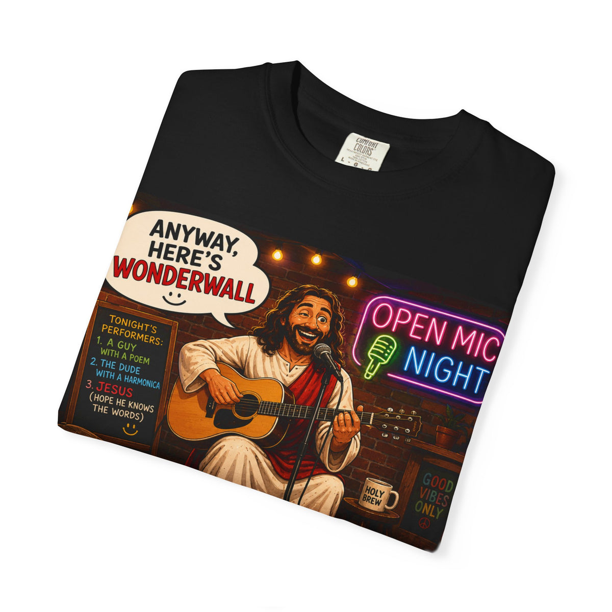 Jesus Open Mic Night T-Shirt | Acoustic Coffeehouse Illustration