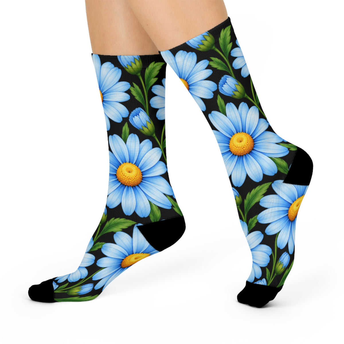 Daisy Floral Crew Socks — Blue Daisies Cushion-Comfort Socks