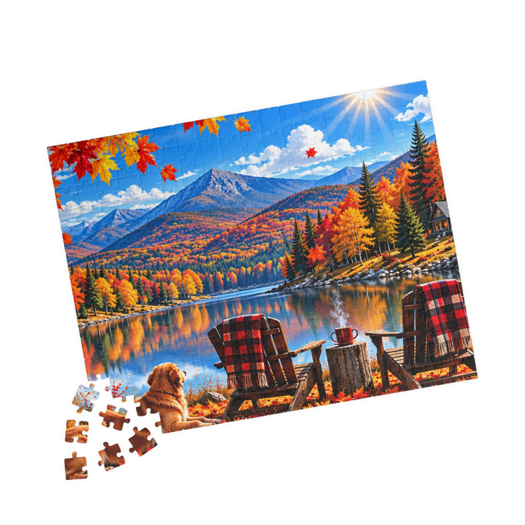 Autumn Lakeview Jigsaw Puzzle — Mountain Cabin Fall Scenery (110–1014 pcs)