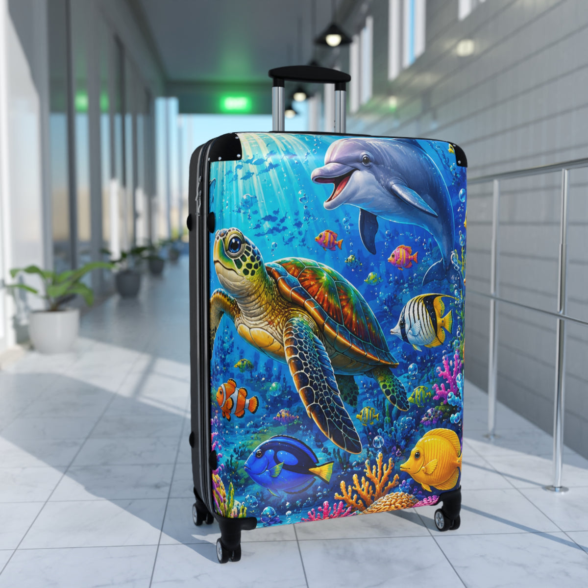 Ocean Life Carry-On Suitcase — Colorful Sea Turtle & Dolphin Luggage Cover