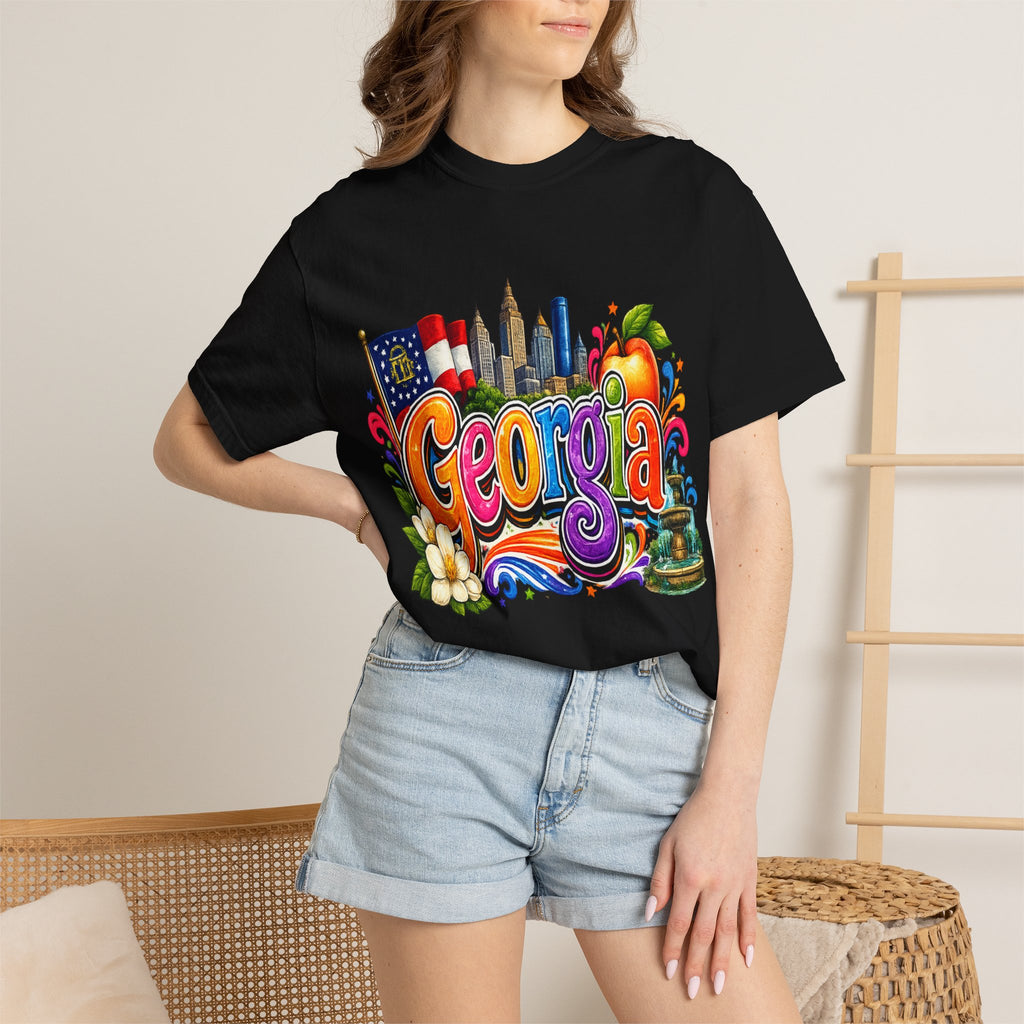 Georgia state illustration T-shirt | Atlanta skyline, peach, magnolia