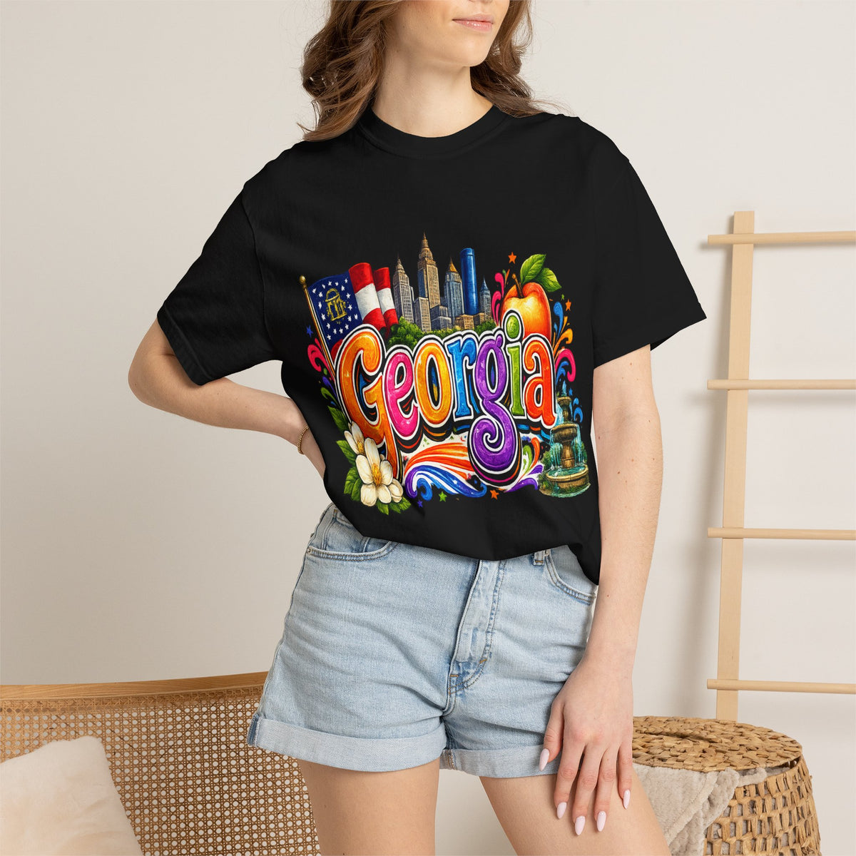 Georgia state illustration T-shirt | Atlanta skyline, peach, magnolia