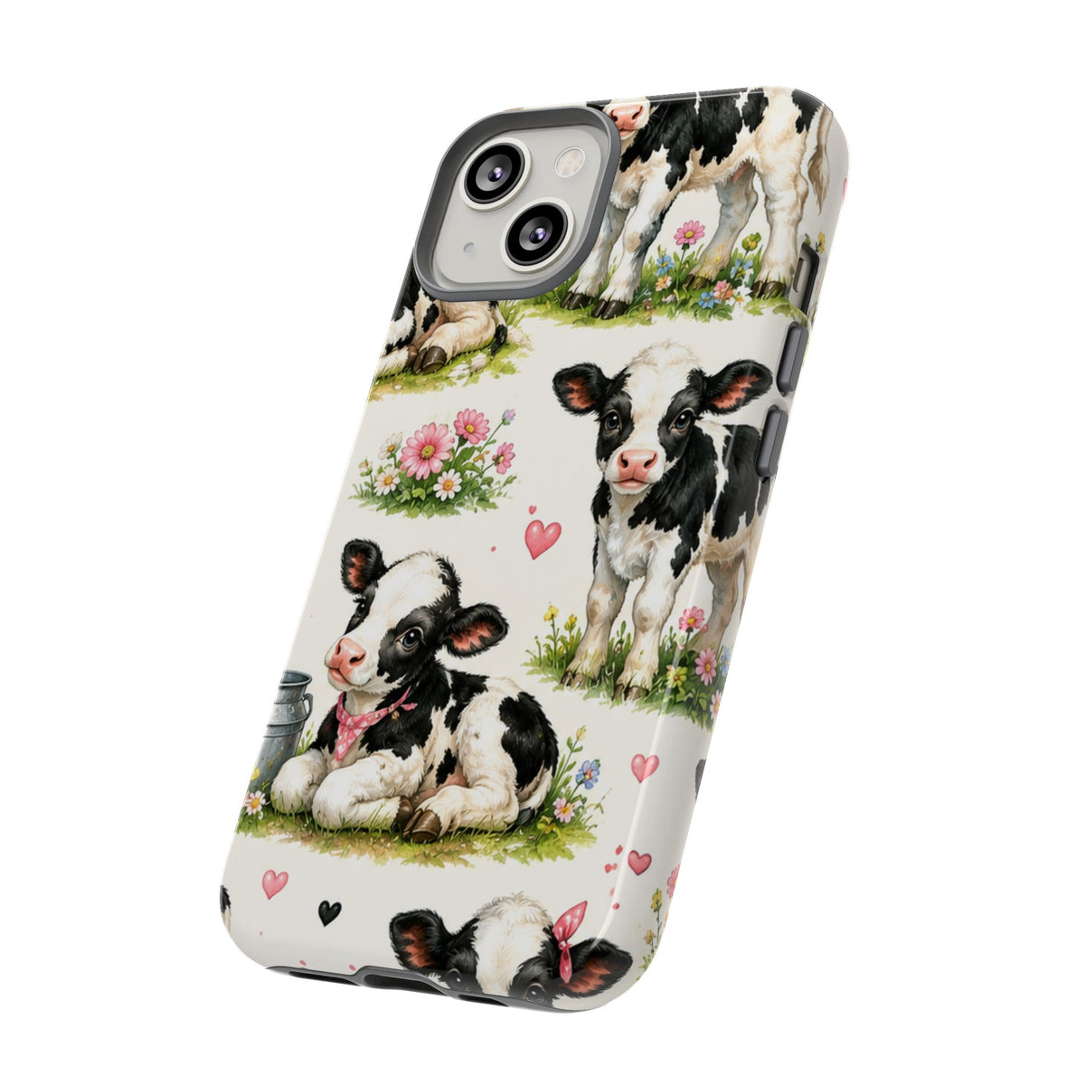 Cute Calf Pattern Phone Case – Pastel Cow Hearts & Flowers Protective Cover