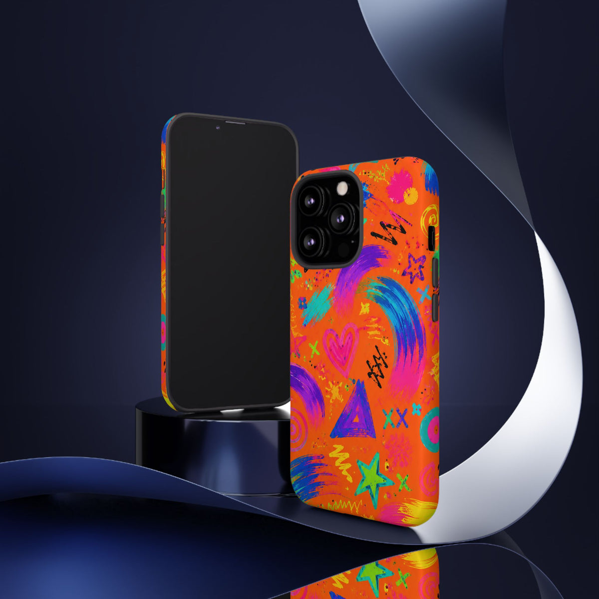 Colorful Neon Doodle Phone Case — Bright Abstract Stars & Hearts Tough Case