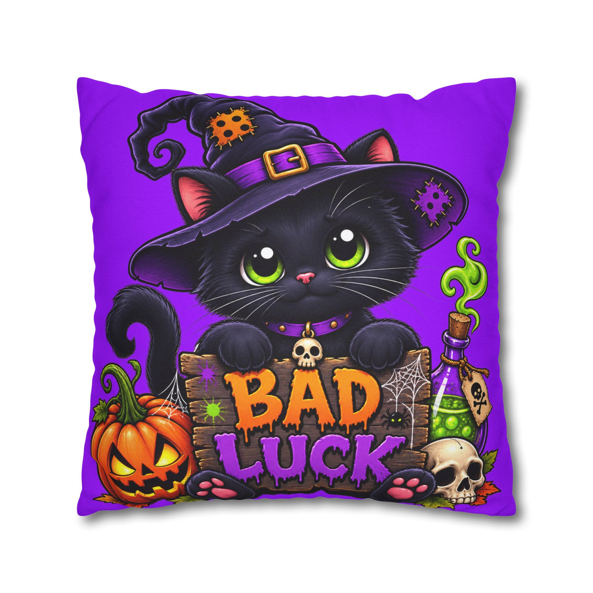 Halloween Black Cat Pillowcase — "Bad Luck" Spooky Cute Decorative Pillow