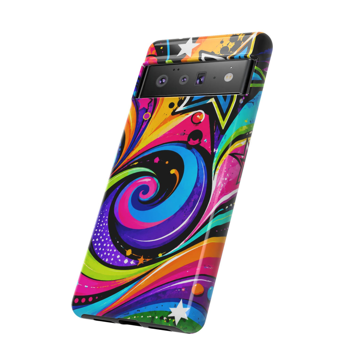 Psychedelic Swirl Phone Case — Bold Retro Stars & Neon Pop Art Tough Case