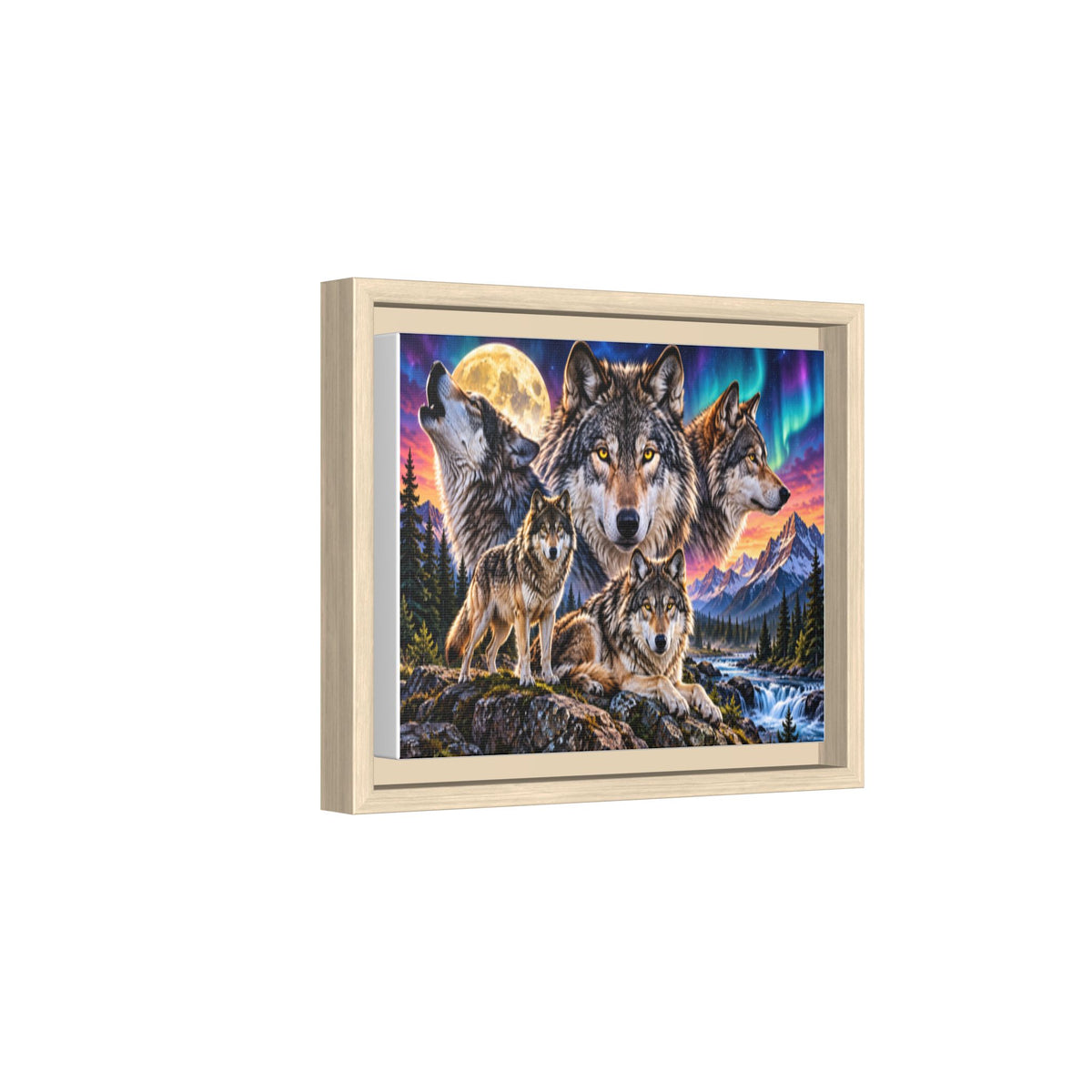 Framed Wolf Pack Matte Canvas Wall Art — Northern Lights Wilderness Scene