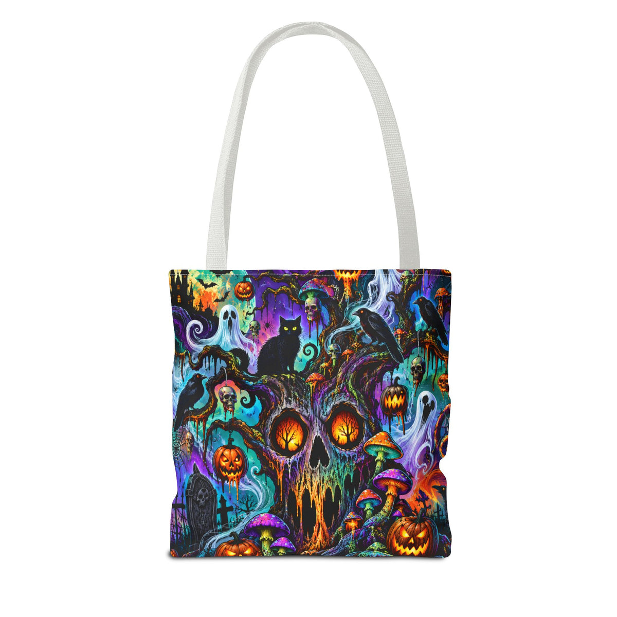 Halloween Haunted Pumpkin Tote Bag — Spooky Cat & Ghosts All-Over Print