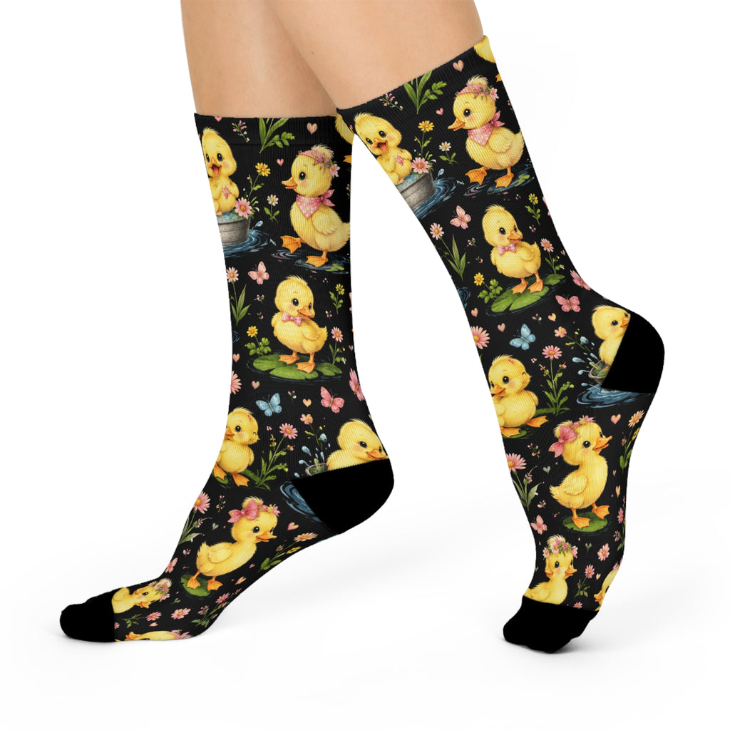 Crew Socks — Vintage Yellow Chicks Floral Pattern (Easter Spring)