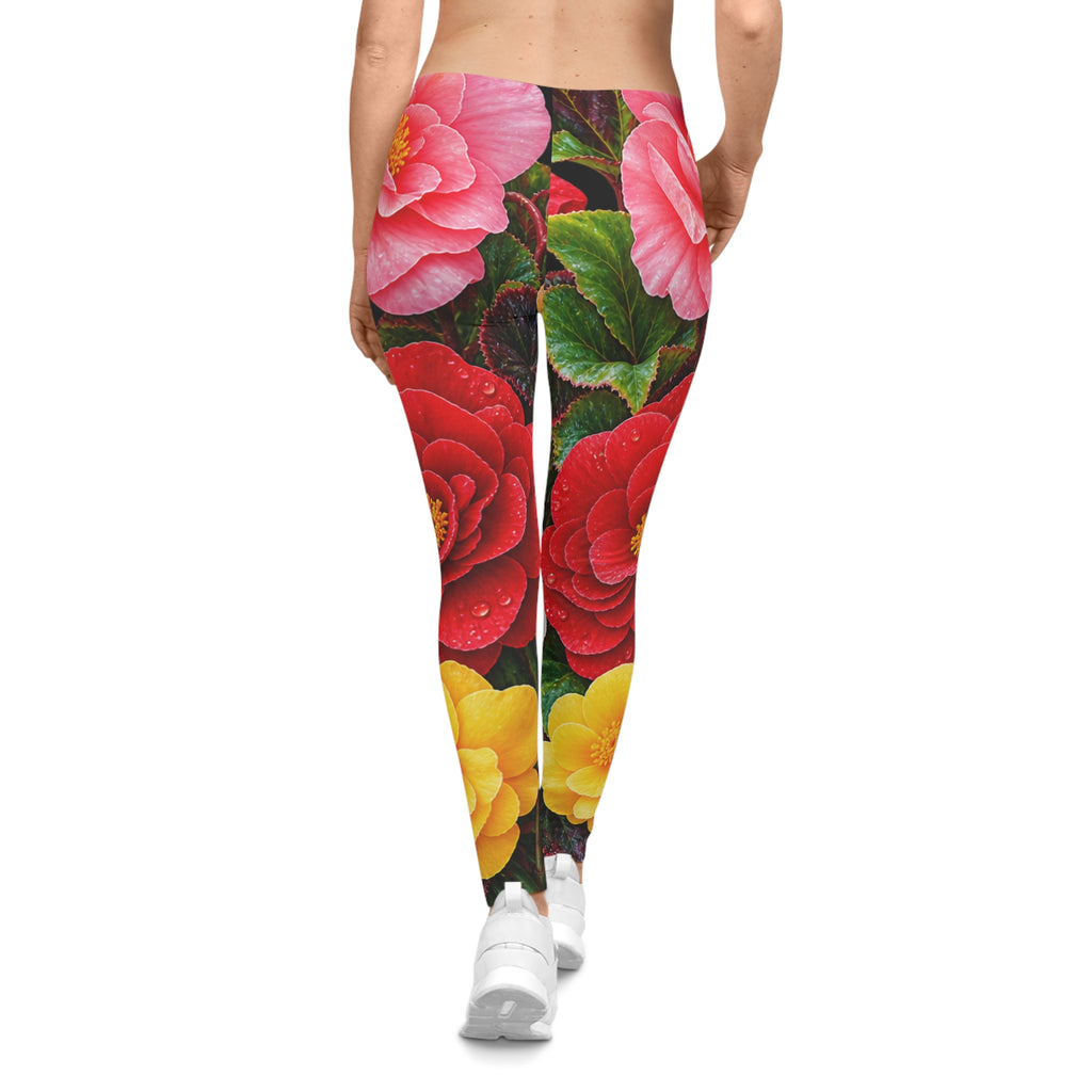 Floral Camellia Print Leggings — Colorful Botanical All-Over Print
