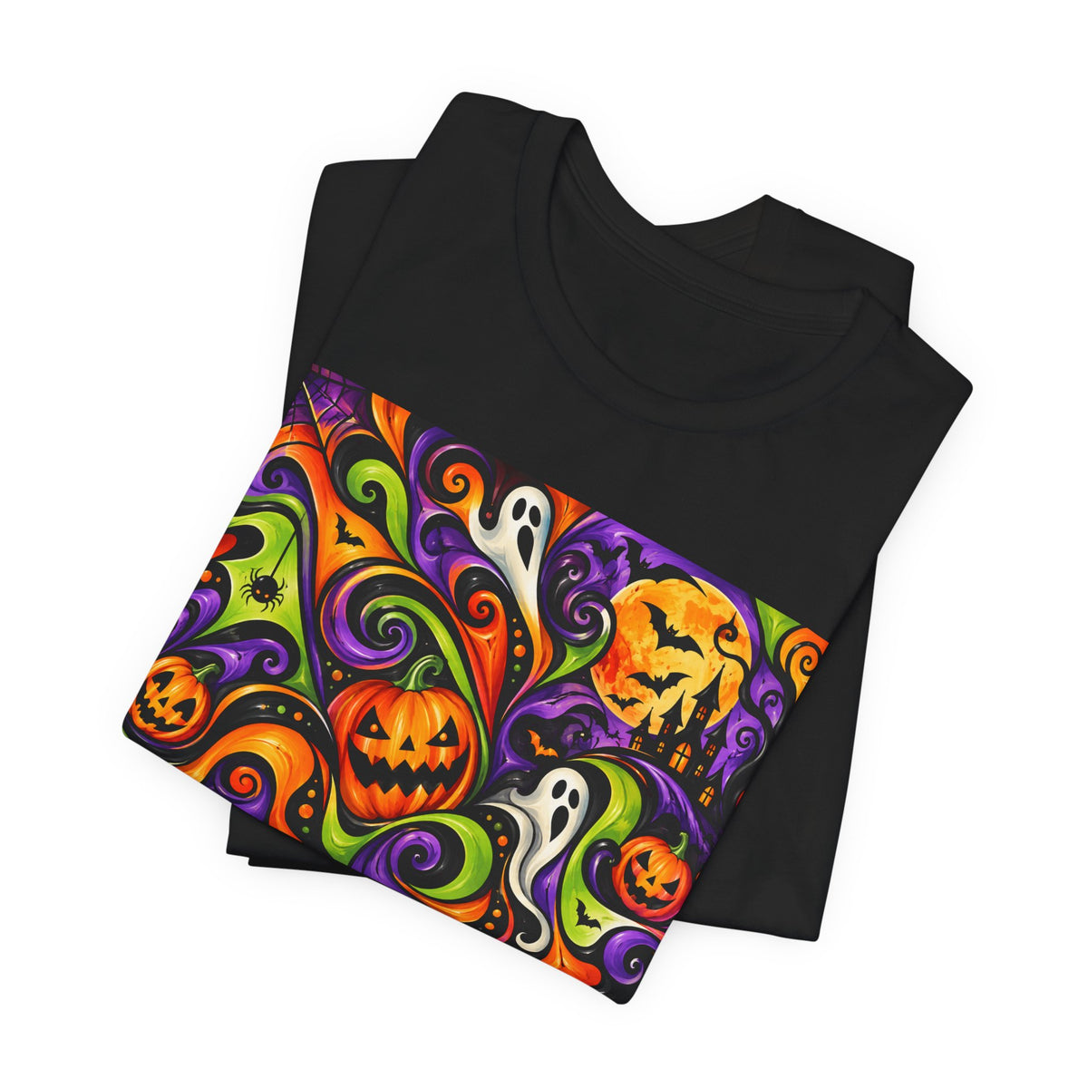 Halloween Swirl Tee — Colorful Pumpkins & Ghosts Graphic T-Shirt