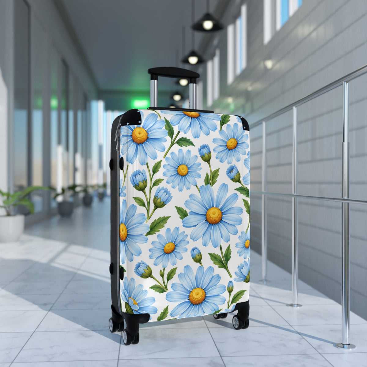 Blue Daisy Floral Suitcase – Lightweight Rolling Carry-On Travel Luggage
