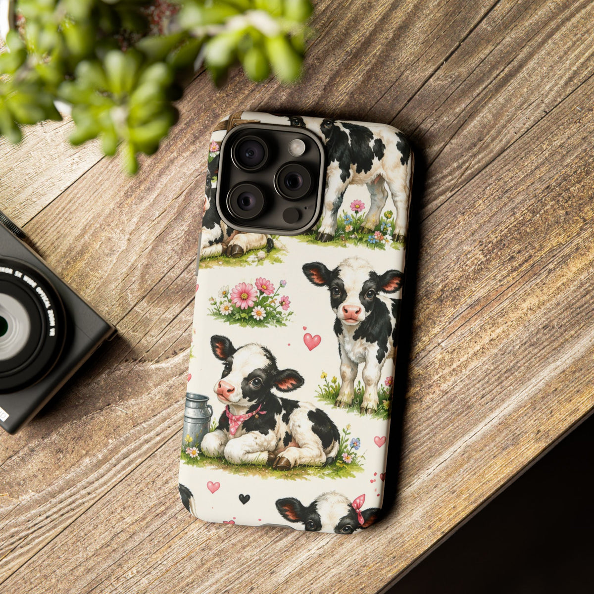 Cute Calf Pattern Phone Case – Pastel Cow Hearts & Flowers Protective Cover