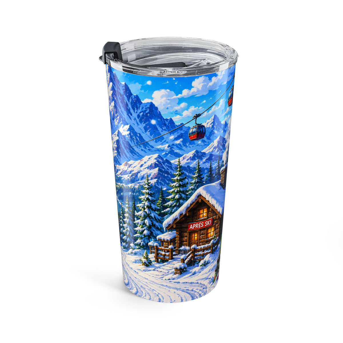 Snowy Mountain Ski Resort Tumbler 20oz | Winter Skiing Scene