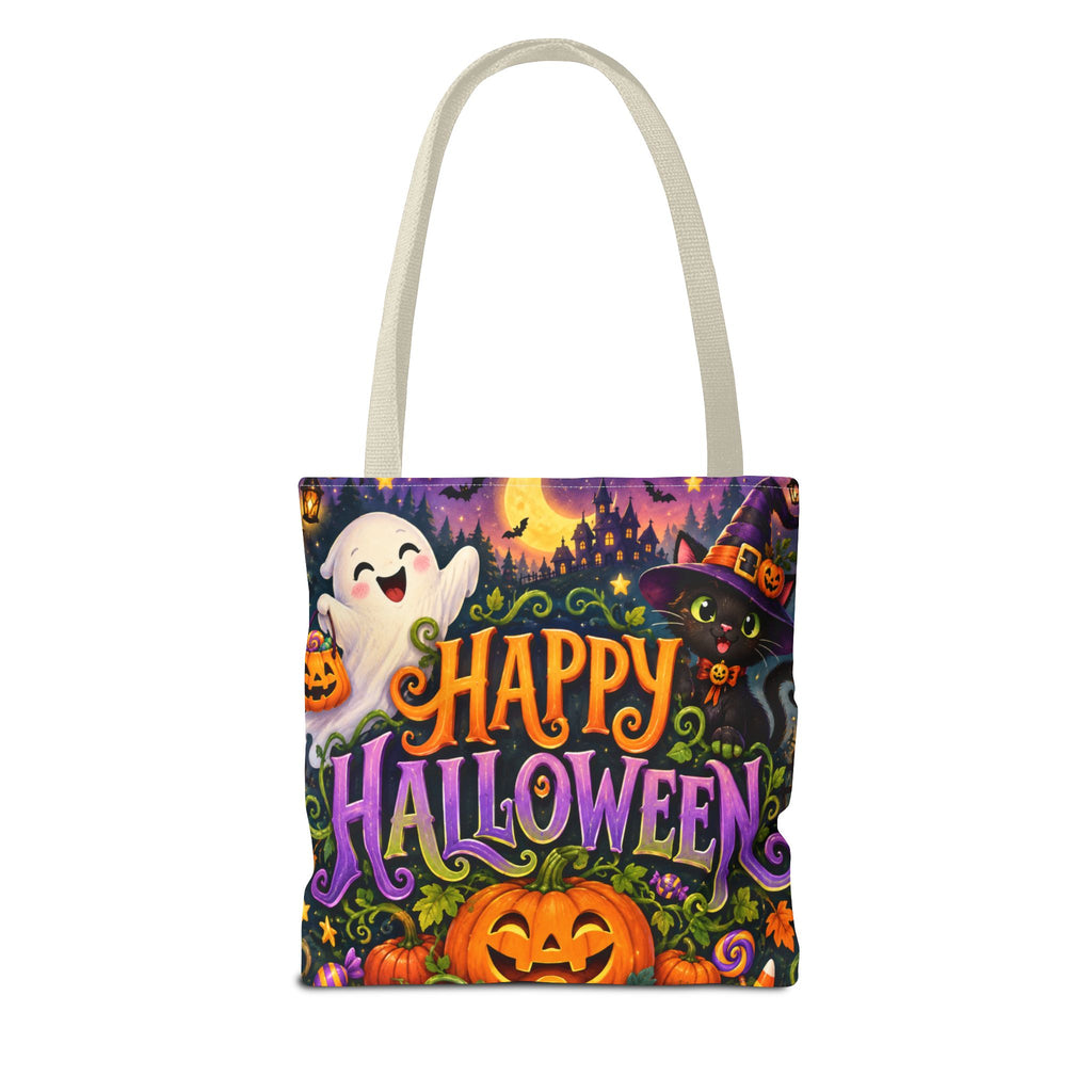 Halloween Tote Bag — Cute Ghost, Black Cat & Pumpkin Trick-or-Treat Candy Bag
