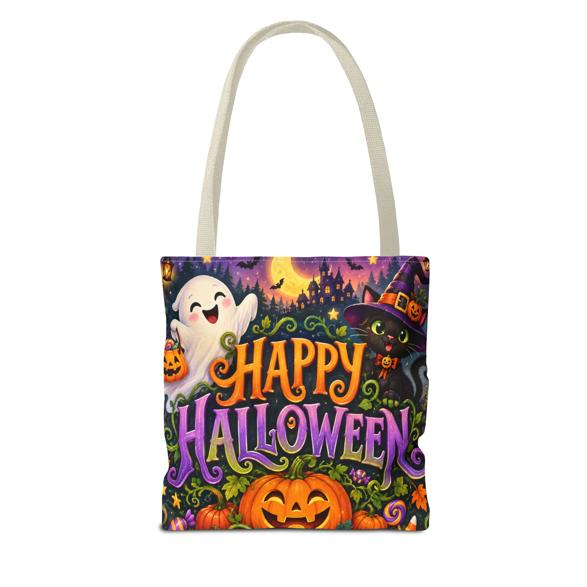 Halloween Tote Bag — Cute Ghost, Black Cat & Pumpkin Trick-or-Treat Candy Bag